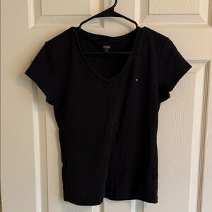 Tommy Hilfiger Black V-Neck Short Sleeve Tee with Flag Logo